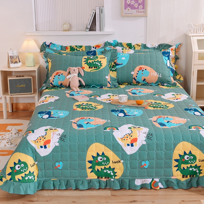 91家纺网 家纺一手货源 找家纺 甜之梦家纺 2025新款全棉夹棉防滑抗菌花边款床盖 恐龙派对