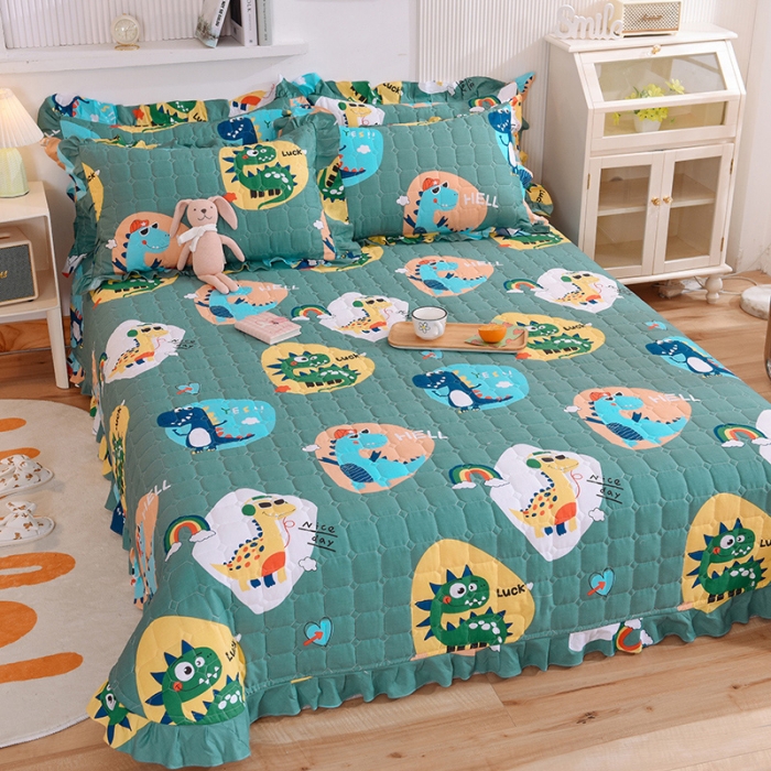 91家纺网 家纺一手货源 找家纺 甜之梦家纺 2025新款全棉夹棉防滑抗菌花边款床盖 恐龙派对