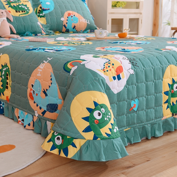 91家纺网 家纺一手货源 找家纺 甜之梦家纺 2025新款全棉夹棉防滑抗菌花边款床盖 恐龙派对