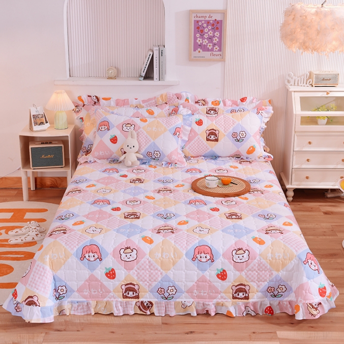 91家纺网 家纺一手货源 找家纺 甜之梦家纺 2025新款全棉夹棉防滑抗菌花边款床盖 诗雨恋人