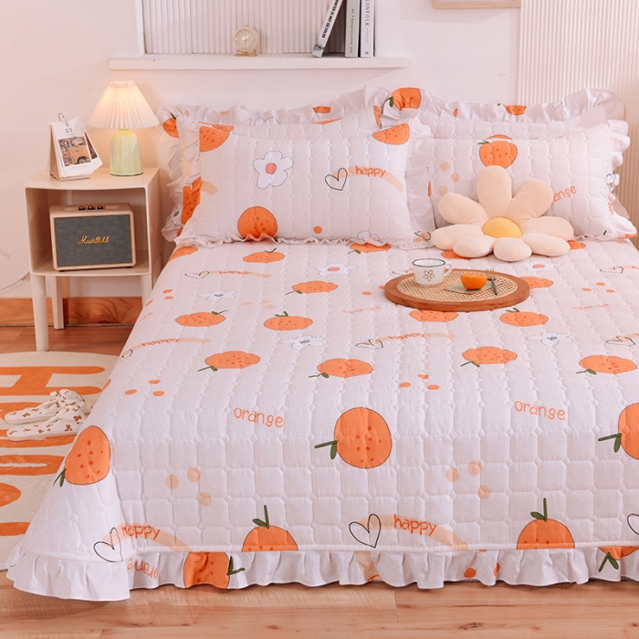 91家纺网 家纺一手货源 找家纺 甜之梦家纺 2025新款全棉夹棉防滑抗菌花边款床盖 心想事橙