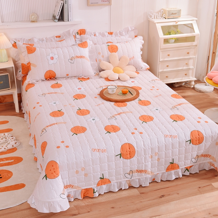 91家纺网 家纺一手货源 找家纺 甜之梦家纺 2025新款全棉夹棉防滑抗菌花边款床盖 心想事橙