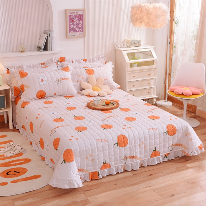 91家纺网 家纺一手货源 找家纺 甜之梦家纺 2025新款全棉夹棉防滑抗菌花边款床盖 心想事橙