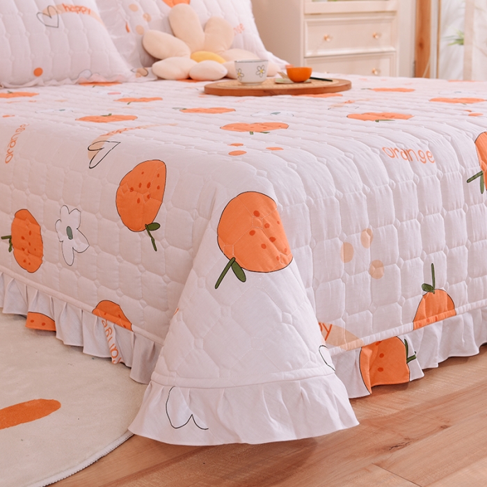 91家纺网 家纺一手货源 找家纺 甜之梦家纺 2025新款全棉夹棉防滑抗菌花边款床盖 心想事橙