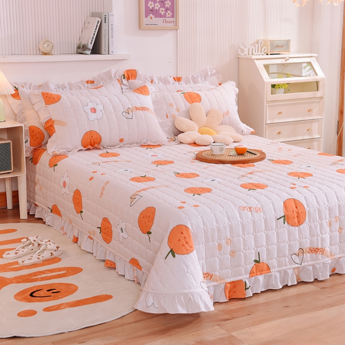 91家纺网 家纺一手货源 找家纺 甜之梦家纺 2025新款全棉夹棉防滑抗菌花边款床盖 心想事橙