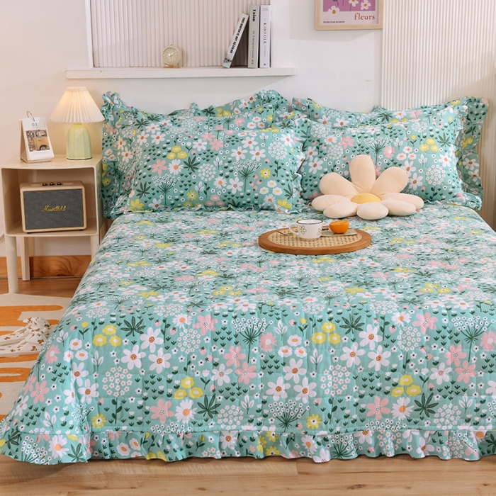 91家纺网 家纺一手货源 找家纺 甜之梦家纺 2025新款全棉夹棉防滑抗菌花边款床盖雨霖铃-绿