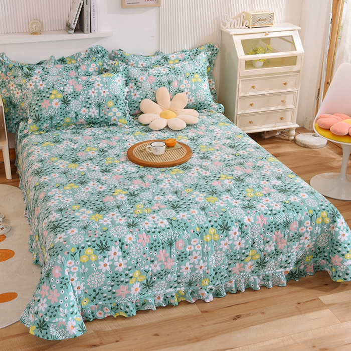 91家纺网 家纺一手货源 找家纺 甜之梦家纺 2025新款全棉夹棉防滑抗菌花边款床盖雨霖铃-绿