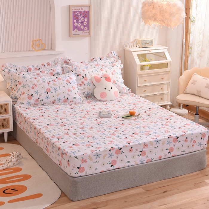 91家纺网 家纺一手货源 找家纺 甜之梦家纺 2025新款全棉夹棉防滑抗菌床笠 粉红佳人