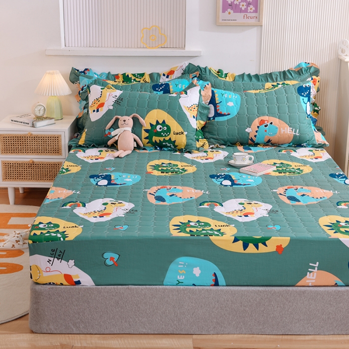 91家纺网 家纺一手货源 找家纺 甜之梦家纺 2025新款全棉夹棉防滑抗菌床笠 恐龙派对