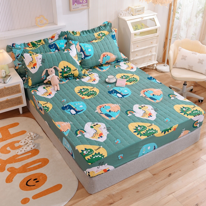 91家纺网 家纺一手货源 找家纺 甜之梦家纺 2025新款全棉夹棉防滑抗菌床笠 恐龙派对