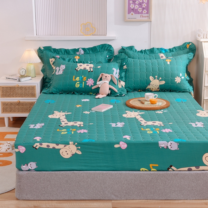 91家纺网 家纺一手货源 找家纺 甜之梦家纺 2025新款全棉夹棉防滑抗菌床笠 小鹿精灵绿