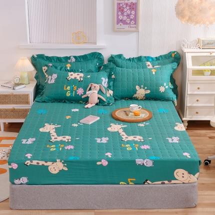 甜之梦家纺 2025新款全棉夹棉防滑抗菌床笠 小鹿精灵绿