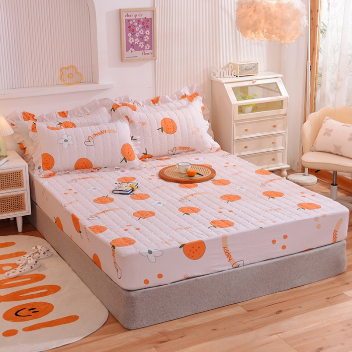 91家纺网 家纺一手货源 找家纺 甜之梦家纺 2025新款全棉夹棉防滑抗菌床笠 心想事橙