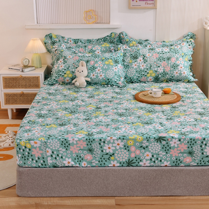 91家纺网 家纺一手货源 找家纺 甜之梦家纺 2025新款全棉夹棉防滑抗菌床笠 雨霖铃绿