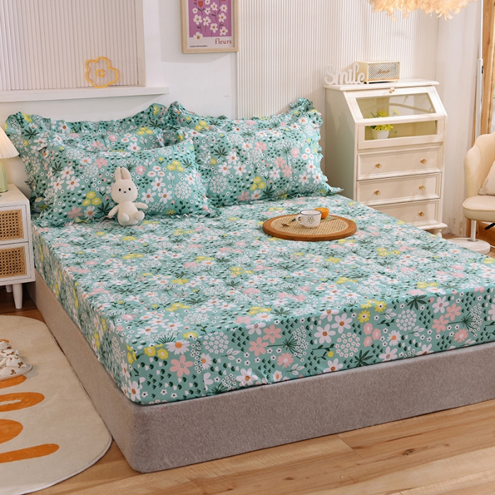 91家纺网 家纺一手货源 找家纺 甜之梦家纺 2025新款全棉夹棉防滑抗菌床笠 雨霖铃绿