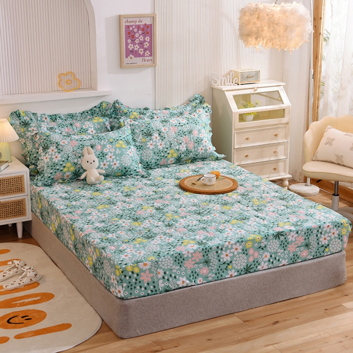 91家纺网 家纺一手货源 找家纺 甜之梦家纺 2025新款全棉夹棉防滑抗菌床笠 雨霖铃绿