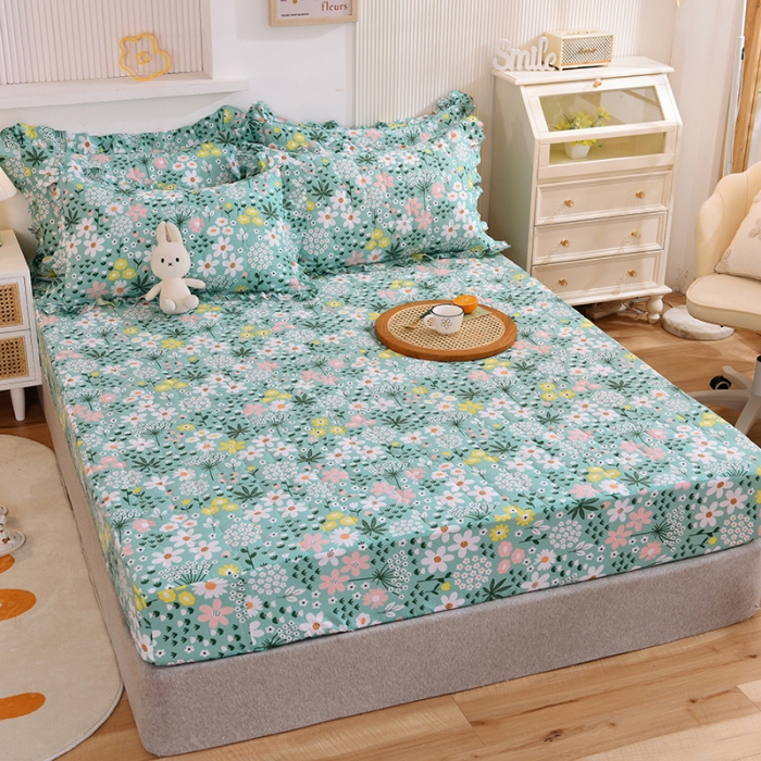 91家纺网 家纺一手货源 找家纺 甜之梦家纺 2025新款全棉夹棉防滑抗菌床笠 雨霖铃绿