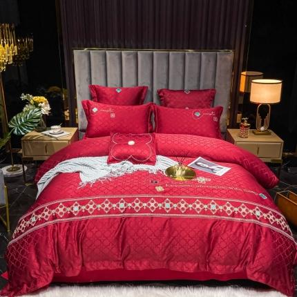 91家纺网 家纺一手货源 找家纺 博纳 2021新款水洗真丝提花纯棉四件套系列-四叶草 大红