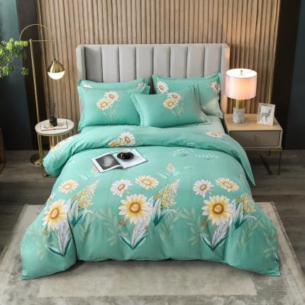 威布斯 2021新款全棉加厚磨毛四件套 太阳花-绿