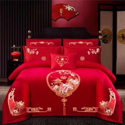 慕她婚庆四件套大红色刺绣花床裙款床单款结婚六多件套 幸福满园