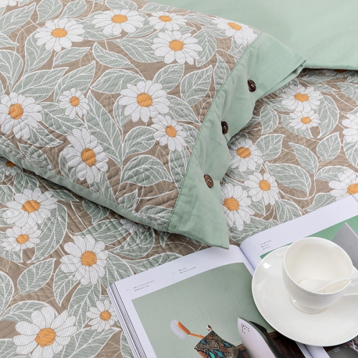 91家纺网 家纺一手货源 找家纺 OL家纺2021新款夹棉绗绣全棉小碎花小清新四件套 梦菊-咖