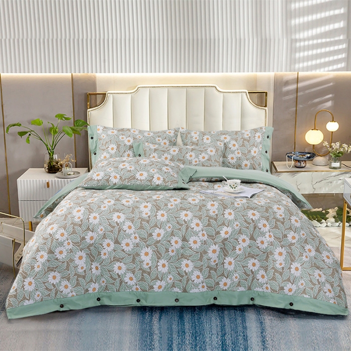 91家纺网 家纺一手货源 找家纺 OL家纺2021新款夹棉绗绣全棉小碎花小清新四件套 梦菊-咖