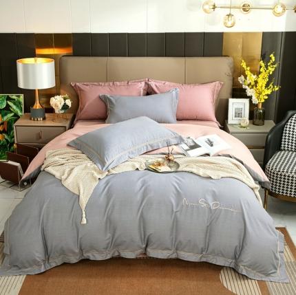 91家纺网 家纺一手货源 找家纺 鼎飞家纺 2021新款80支全棉磨毛四件套 玄雪青配豆沙