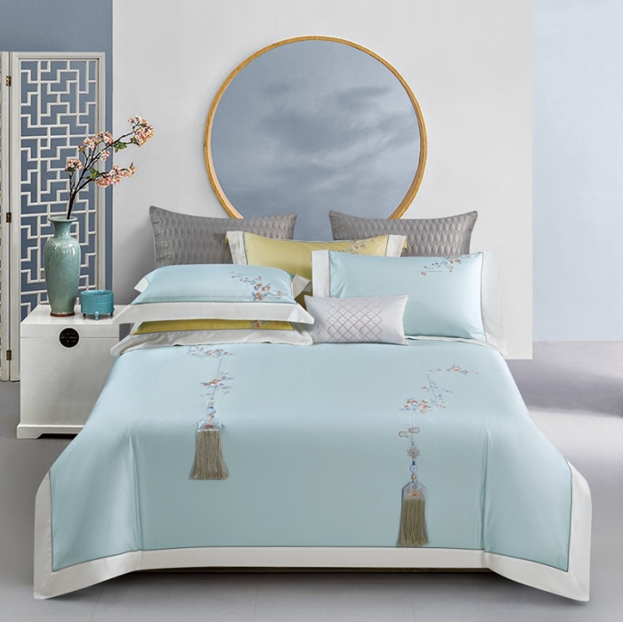 91家纺网 家纺一手货源 找家纺 爱情故事 2024新款婚庆100s全棉四件套秋月蓝