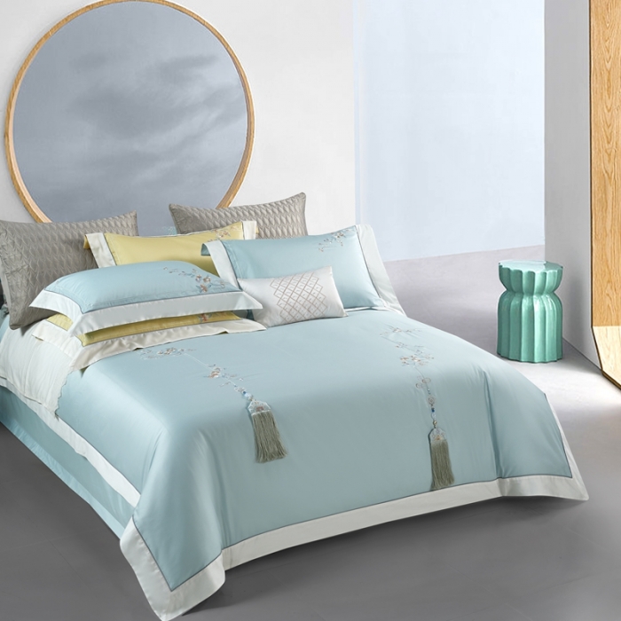 91家纺网 家纺一手货源 找家纺 爱情故事 2024新款婚庆100s全棉四件套秋月蓝