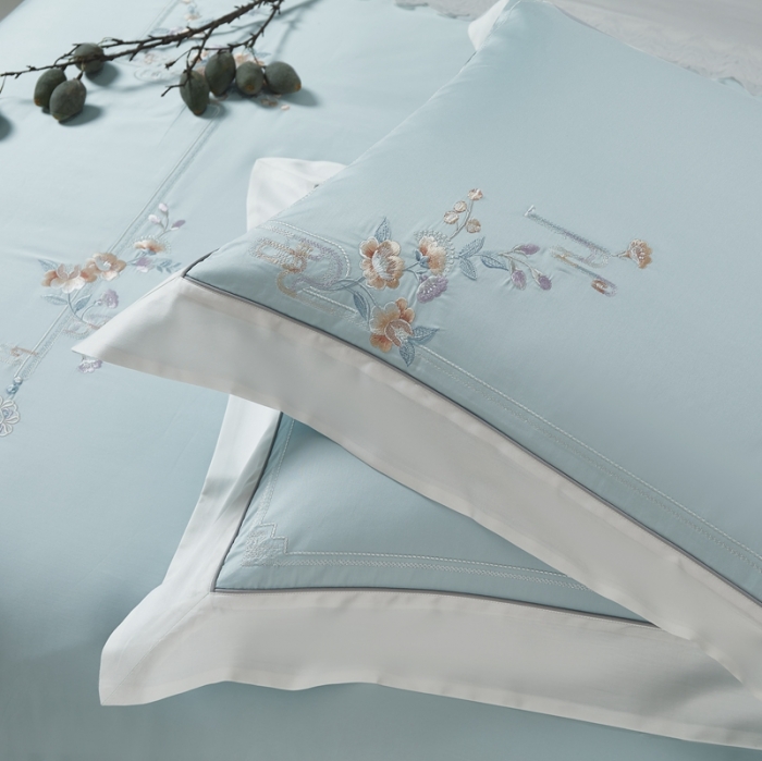 91家纺网 家纺一手货源 找家纺 爱情故事 2024新款婚庆100s全棉四件套秋月蓝