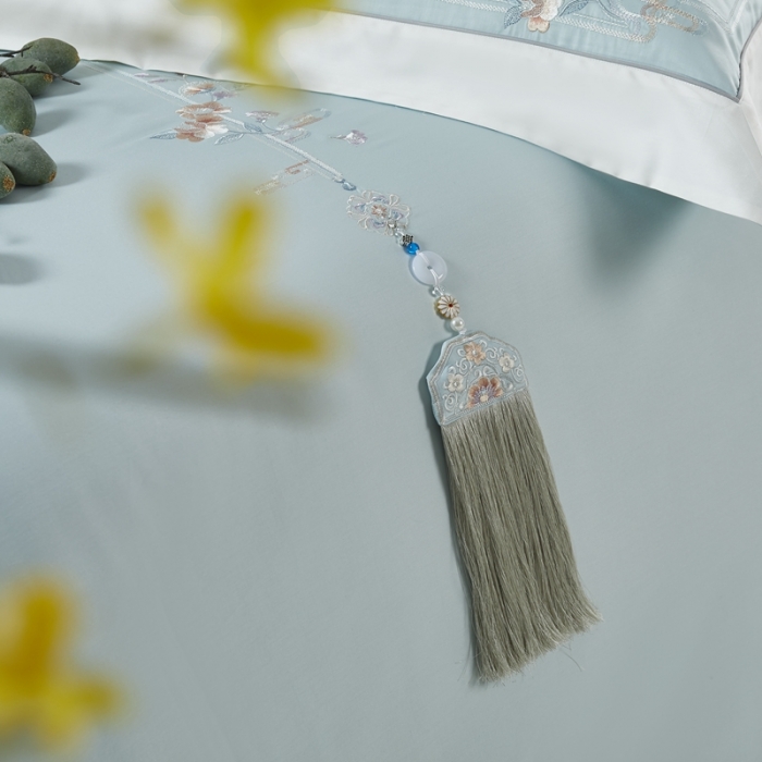 91家纺网 家纺一手货源 找家纺 爱情故事 2024新款婚庆100s全棉四件套秋月蓝