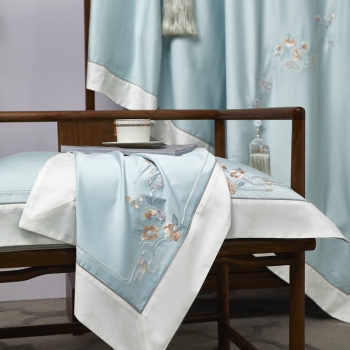 91家纺网 家纺一手货源 找家纺 爱情故事 2024新款婚庆100s全棉四件套秋月蓝