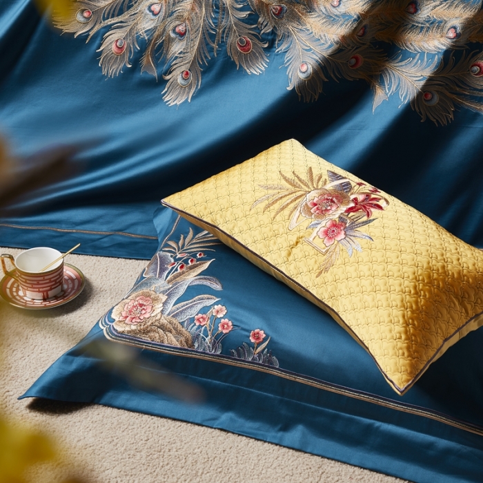 91家纺网 家纺一手货源 找家纺 爱情故事 2024新款婚庆100s全棉四件套雀之舞蓝