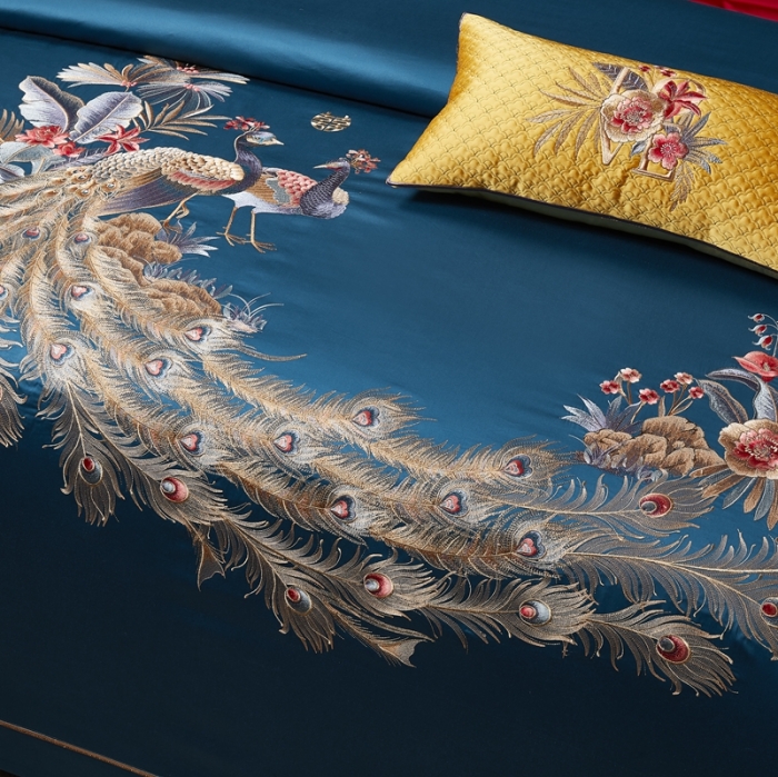 91家纺网 家纺一手货源 找家纺 爱情故事 2024新款婚庆100s全棉四件套雀之舞蓝