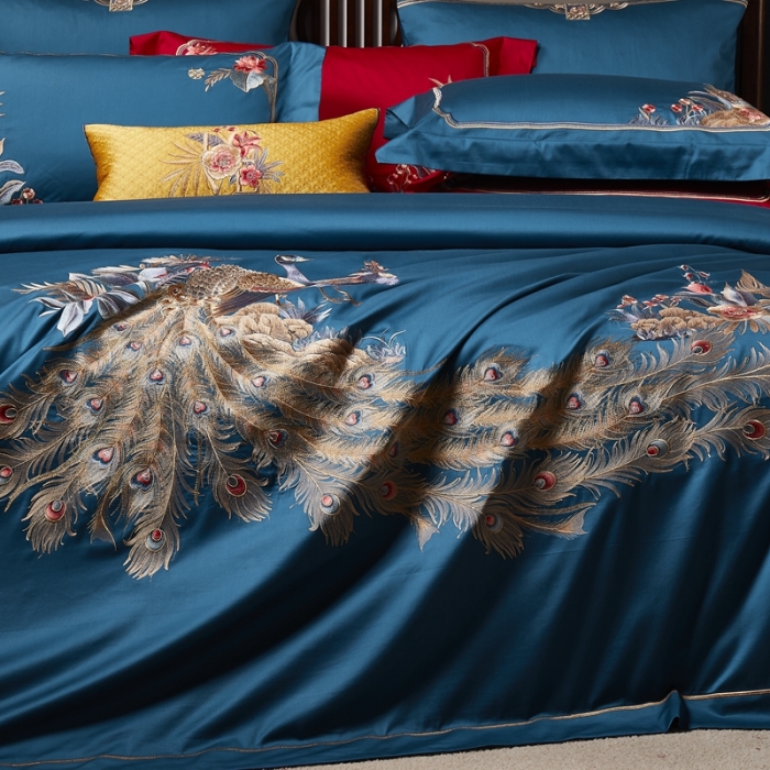 91家纺网 家纺一手货源 找家纺 爱情故事 2024新款婚庆100s全棉四件套雀之舞蓝