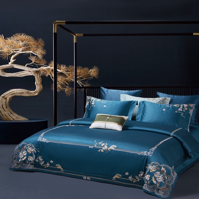 91家纺网 家纺一手货源 找家纺 爱情故事 2024新款婚庆100s全棉四件套雨棠蓝