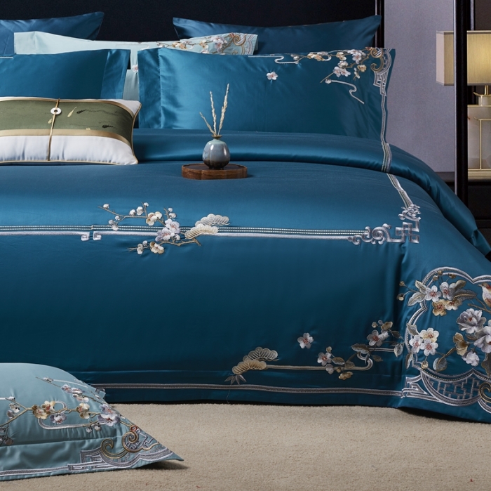 91家纺网 家纺一手货源 找家纺 爱情故事 2024新款婚庆100s全棉四件套雨棠蓝