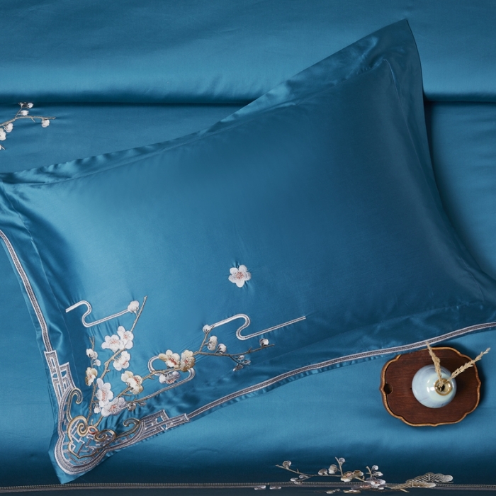 91家纺网 家纺一手货源 找家纺 爱情故事 2024新款婚庆100s全棉四件套雨棠蓝