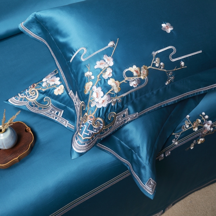 91家纺网 家纺一手货源 找家纺 爱情故事 2024新款婚庆100s全棉四件套雨棠蓝