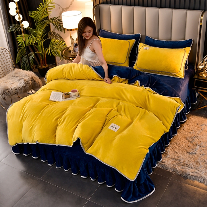 91家纺网 家纺一手货源 找家纺 牵梦萦纯色加厚牛奶绒法莱绒四件套秋冬季加绒床裙款 黄色+宝蓝