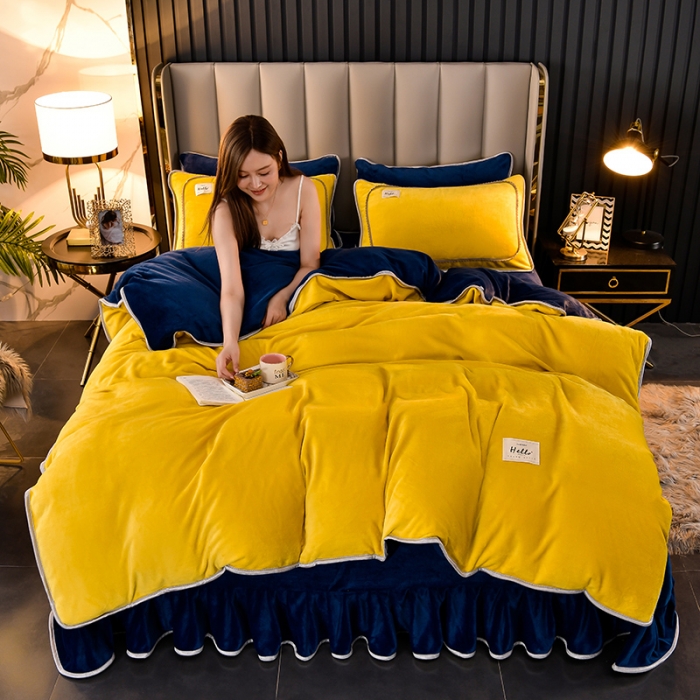 91家纺网 家纺一手货源 找家纺 牵梦萦纯色加厚牛奶绒法莱绒四件套秋冬季加绒床裙款 黄色+宝蓝