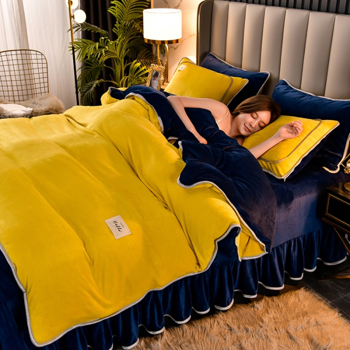 91家纺网 家纺一手货源 找家纺 牵梦萦纯色加厚牛奶绒法莱绒四件套秋冬季加绒床裙款 黄色+宝蓝