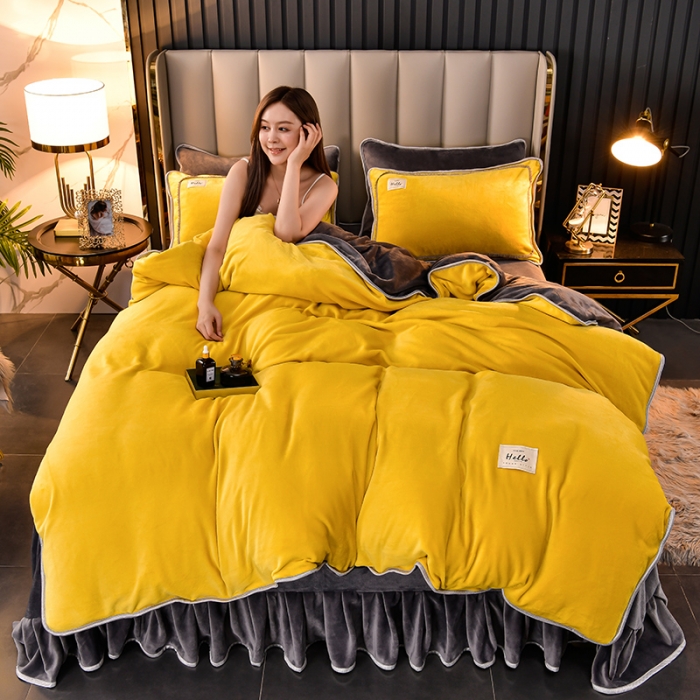 91家纺网 家纺一手货源 找家纺 牵梦萦纯色加厚牛奶绒法莱绒四件套秋冬季加绒床裙款 黄色+深灰