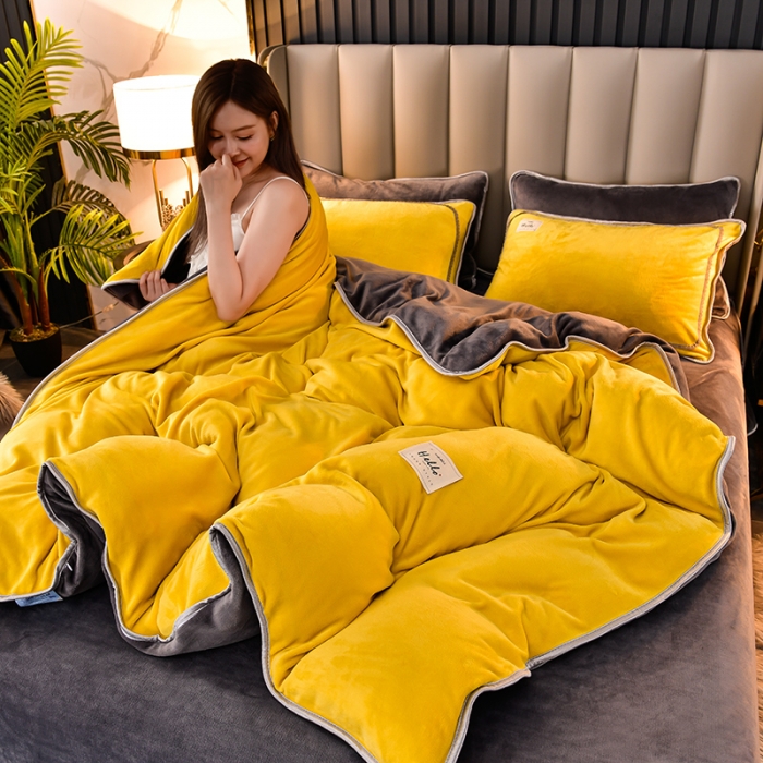 91家纺网 家纺一手货源 找家纺 牵梦萦纯色加厚牛奶绒法莱绒四件套秋冬季加绒床裙款 黄色+深灰