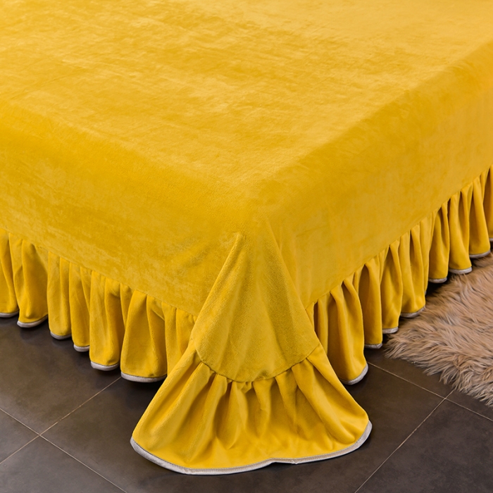 91家纺网 家纺一手货源 找家纺 牵梦萦纯色加厚牛奶绒法莱绒四件套秋冬季加绒床裙款 黄色+深灰