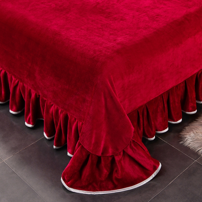 91家纺网 家纺一手货源 找家纺 牵梦萦家纺纯色加厚牛奶绒法莱绒四件套秋冬季加绒床裙款 酒红