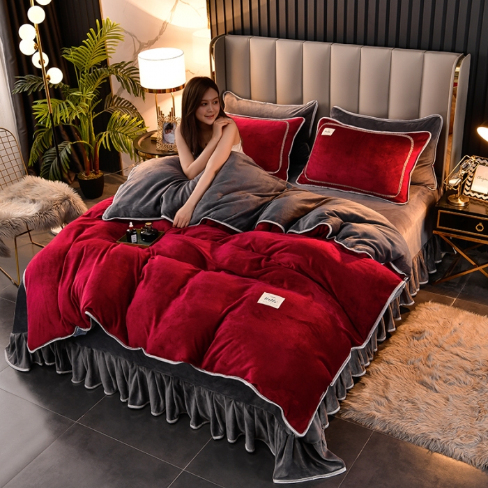 91家纺网 家纺一手货源 找家纺 牵梦萦纯色加厚牛奶绒法莱绒四件套秋冬季加绒床裙款 酒红+深灰