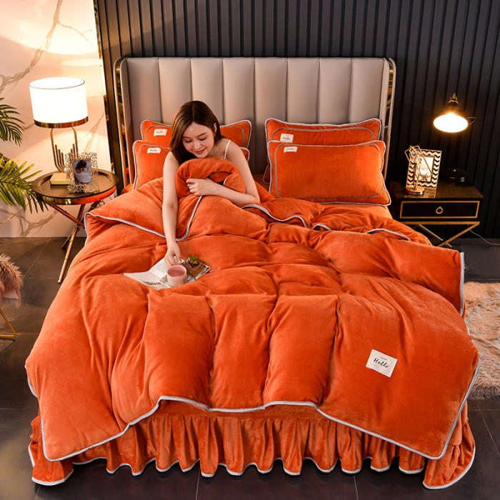 91家纺网 家纺一手货源 找家纺 牵梦萦纯色加厚牛奶绒法莱绒四件套秋冬季加绒床裙款 桔色