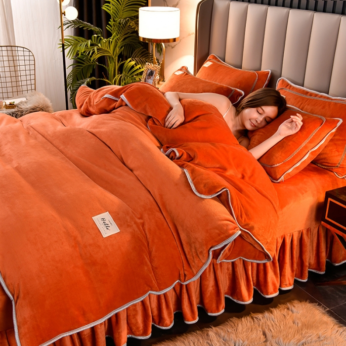 91家纺网 家纺一手货源 找家纺 牵梦萦纯色加厚牛奶绒法莱绒四件套秋冬季加绒床裙款 桔色