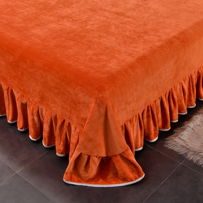 91家纺网 家纺一手货源 找家纺 牵梦萦纯色加厚牛奶绒法莱绒四件套秋冬季加绒床裙款 桔色